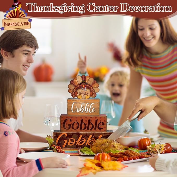 4 Pcs Thanksgiving Decor for Home Cute Turkey Wooden Signs with Sayings Thanksgiving Fall Tiered Tray Decor Turkey Tabletop Centerpiece Gobble Block Signs for Office Kitchen Shelf