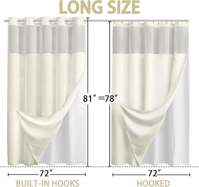 YellyHommy No Hook Shower Curtain with Snap in Liner Set Less Waffle Shower Curtain for Bathroom (Cream, 81" L x 72" W)