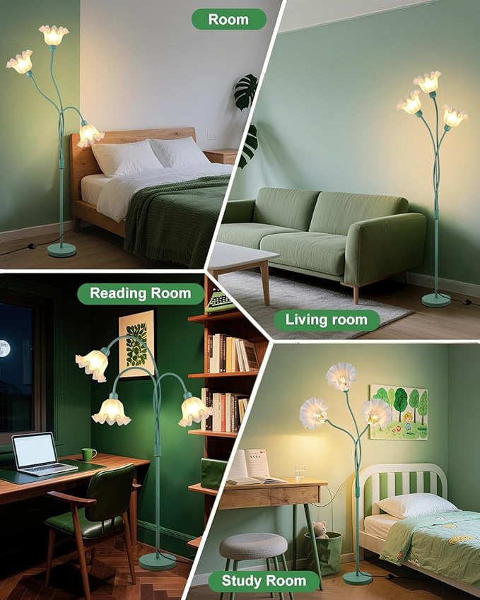 Lightdot Flower Floor Lamp for Living Room, Cute Corner Floor Lamp with Adjustable Goosenecks, 3 Light Standing Lamp with Bulbs Included, LED Tall Floor Lamps for Bedroom Kids Room(Green)