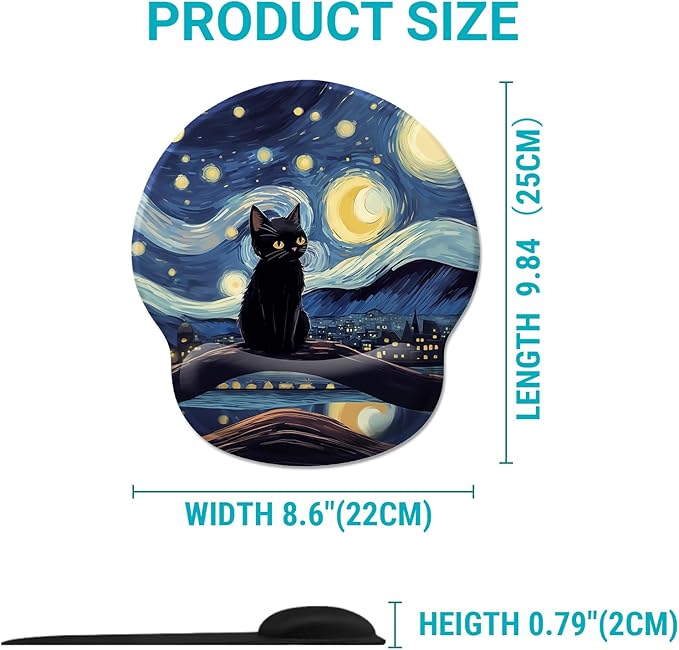 Black Cat Ergonomic Mouse Pad Wrist Support, Starry Night Gel Mouse Pads with Wrist Rest, Cute Computer Mousepad for Desk with Non-Slip PU Base, Comfortable Mouse Pad Office Desk Accessories