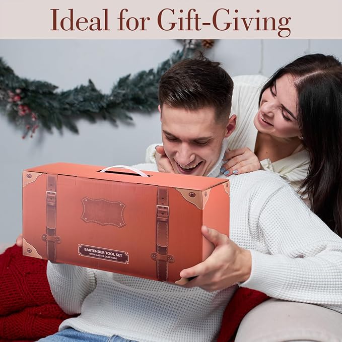 Bartender Kit Bag, 17-Piece Copper Bar Tool Set Cocktail Shaker Set with All Practical Bar Accessories, Portable Travel Cocktail Set with Shoulder Strap for Bartenders, Parties, Camping Trips