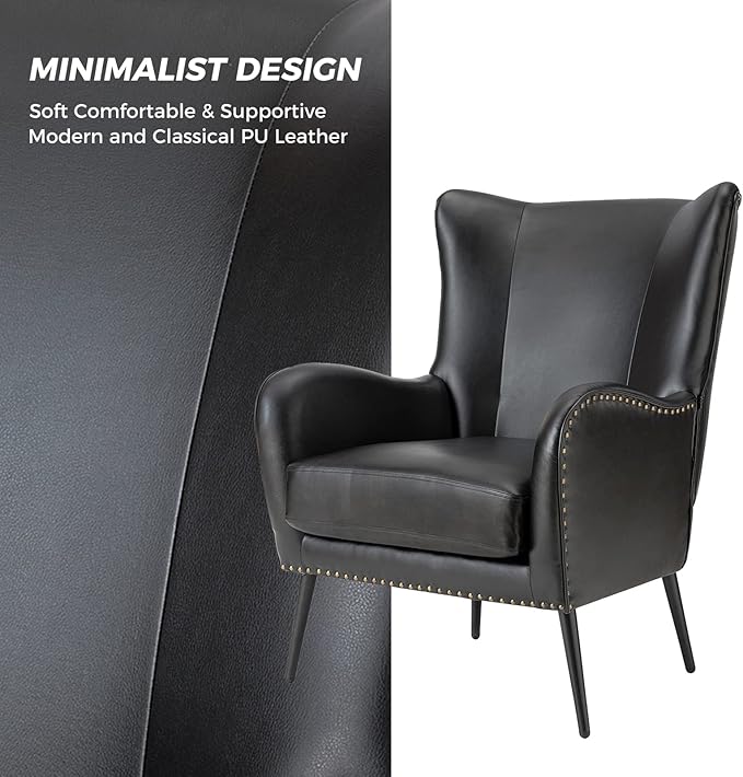 HULALA Home Faux Leather Accent Chair w/Removable Cushion, Comfy Upholstered Armchair with Black Metal Legs & Nailhead Trim Wingback Vanity Chair Desk Chair for Reading Living Room Bedroom, Black