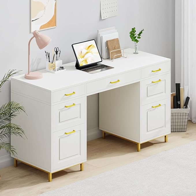 White and Gold Desk with 2 File Drawers, 57 Inch Office Computer Desk with 7 Drawers, White Desk with Storage, Wooden Executive Desk for Office, Workspace for Work Study Writing