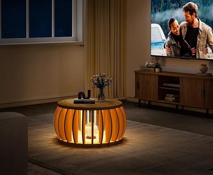 Drum Coffee Table with Storage,31.5” Wood Round Coffee Table,Farmhouse Pumpkin-Shaped Center Table for Living Room Home Office Natural