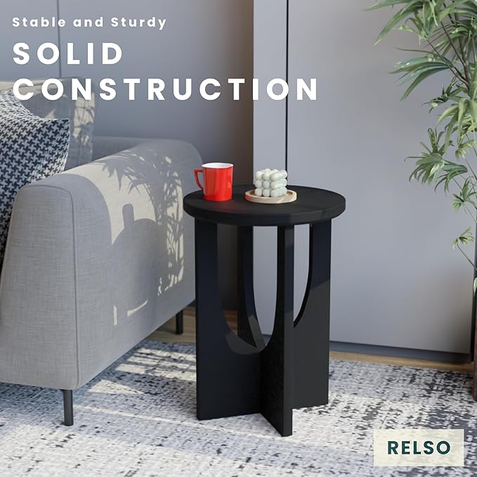 Stupa Solid Wood End Table – 22" Tall Round Side Table for Living Room or Bedroom, Handcrafted Accent Table in Distressed Black Finish, Easy Assembly, Modern Minimalist Design for Small Spaces