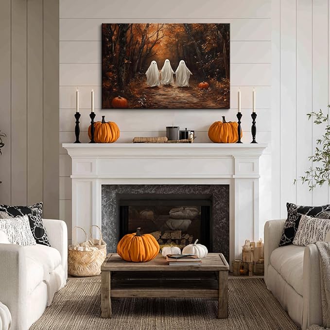 BANHUA1 Vintage Halloween Canvas Wall Art, Cute Ghosts in Haunted Forest Pictures Print, Funny Spooky Lighted Pumpkin Wall Decor for Home, Living Room, 18 x 12 Inch