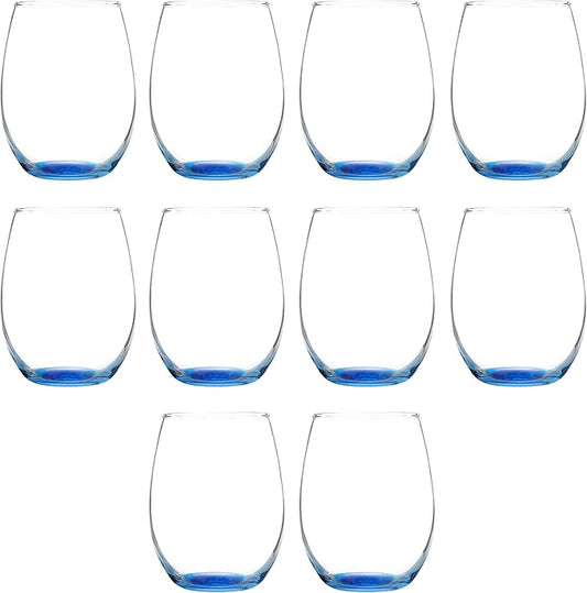 DISCOUNT PROMOS Stemless Wine Glass 9 oz. Set of 10, Bulk Pack - Great for Wedding Favors, Bachelorette Party and More - Blue Bottom Color