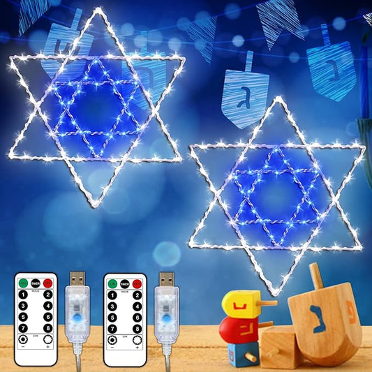 YAOZHOU Hanukkah Decorations Window Silhouette Lights, 8 Lighting Modes USB Powered White Blue 40 LEDs Star of David Hanging Lights with Iron Frame 11.8 x 10 Inch Indoor Decor（2PACK）