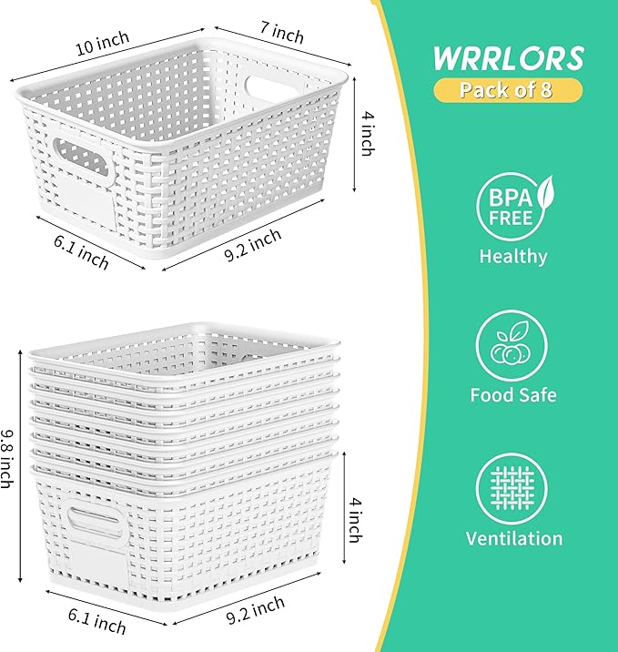 8-Pack White Plastic Storage Baskets with Lids, Label Organizers, Stackable Organizer Containers: For Organizing Shelves, Drawers, Desk Closets, Playrooms, Classrooms, Offices