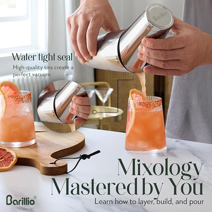 Barillio Boston Shaker Set - Stainless-Steel, Weighted, Martini Cocktail Shaker Set w/Strainer & Mixer - Mixology Bartender Kit - Bar Set for The Home - 9-pc Drink Shaker Set - Bar Tools - Silver