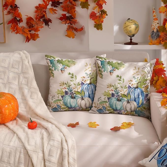 DFXSZ Fall Pillow Covers 18x18 inch Set of 2 Blue Green Pumpkin Fallen Leaves Decorative Outdoor Throw PillowCovers Autumn Thanksgiving Farmhouse Decoration for Home Couch TH27-M18