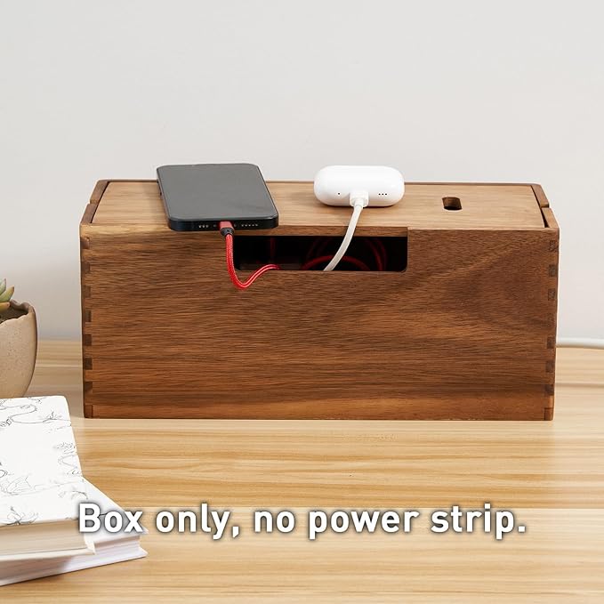Acacia Wood Cable Management Box, Wooden Cord Hider & Organizer for Power Strip, Electrical Hiding, TV Wires, Desk & Floor Cables - Office Under Desk Cable Storage Box for Wire Storage Organization