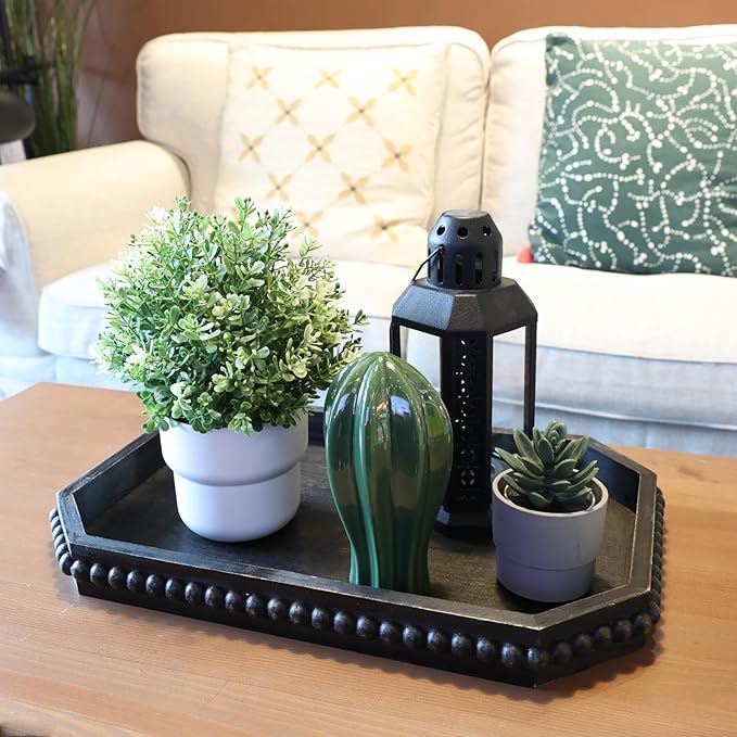 Wood Rustic Serving Tray with Beads, Farmhouse Vintage Black Decorative Tray for Table Centerpiece, Christmas Wedding Halloween Home Decor