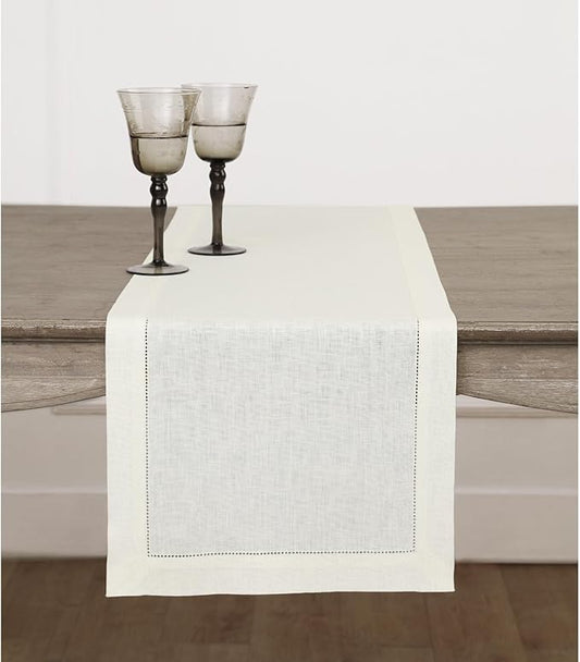Solino Home Linen Ivory Table Runner 144 Inches Long - 100% Pure Linen Extra Long Table Runner 14 x 144 Inch for Fall, Autumn, Thanksgiving, Christmas - Classic Hemstitch