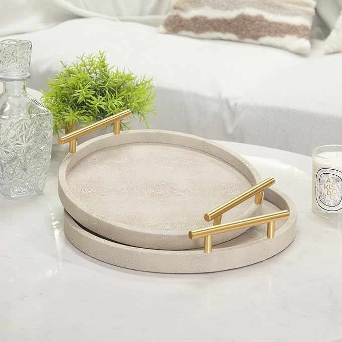 Modern Shagreen Tray, Round Serving Tray with Gold Polished Metal Handles, Decorative Trays Coffee Table Ottoman Trays for Living Room Bathroom Home Decor, Set of 2 (Ivory)