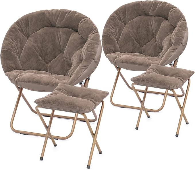 Athena Collection Saucer Chair with Ottoman Comfy Chair for Bed Room Living Room Folding Round Cozy Chair Faux Fur Metal Frame Foldable Lazy Chair Accent Chair Reading Chair Set of 2, Brown