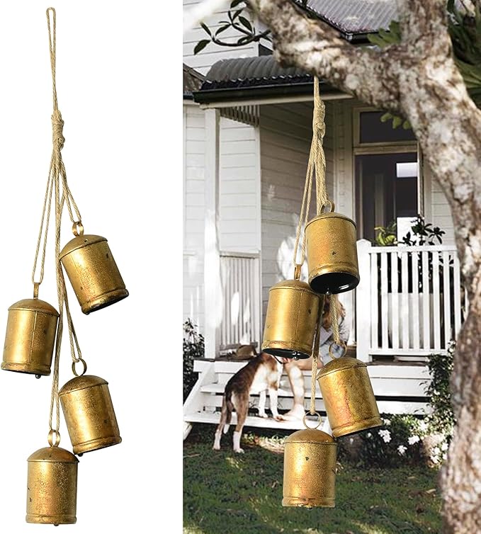 Styleonme Decorative Bells, Christmas Bell, Metal Indoor and Outdoor Blessing Bells, 4-Piece Set of Harmonious Bells, Vintage Handmade and Rustic Lucky Christmas Bells Hanging on a Rope