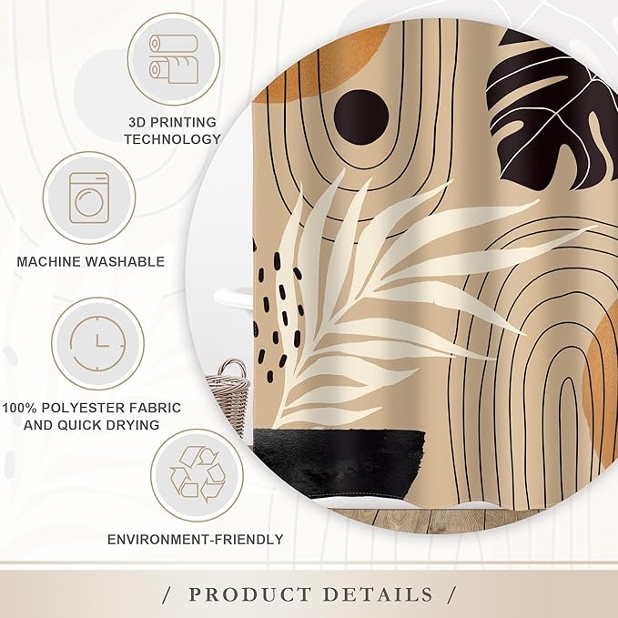 Glawry Boho Yellow Black Shower Curtain Mid Century Abstract Bohemian Tropical Palm Leaf Plant Botanical Bathroom Simple Minimalist 60Wx72L Inches Bath Accessories Art Home Decor Fabric 12 Pack Hook