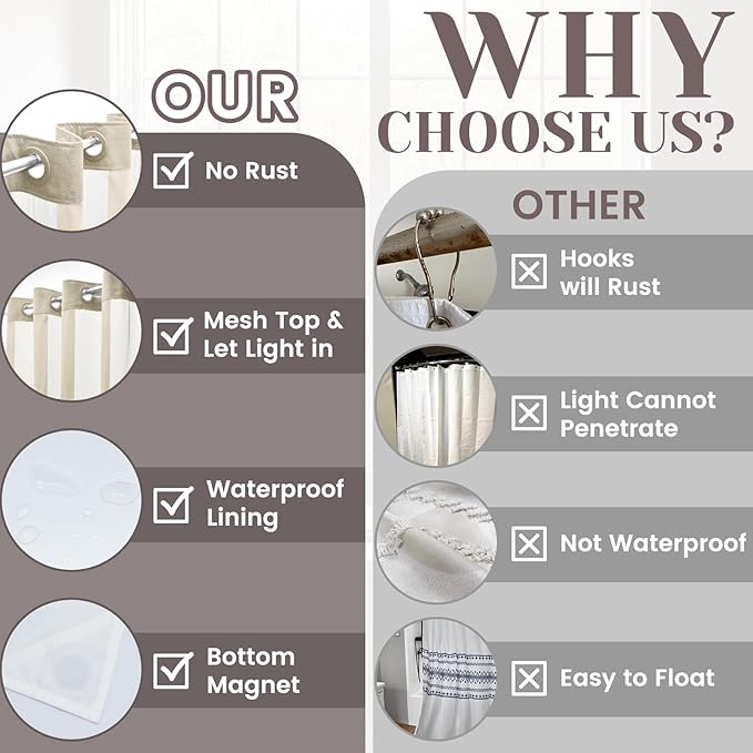 No Hook Slub Textured Shower Curtain with Snap in Liner - Linen Fabric Outer Curtain & Waterproof Inner Liner, Hotel Style with See Through Top Window, 71x86 in