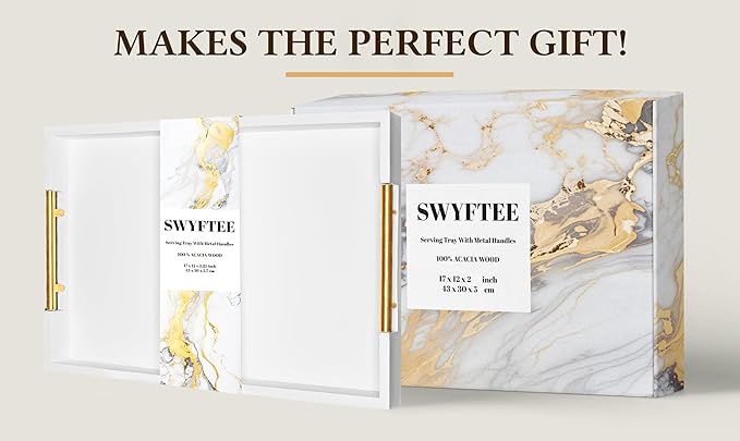 Serving Tray with Handles – 17 x 12 x 2 Inch White Acacia Wood Ottoman Tray Table Decorative – Coffee Trays Wood Decor for Kitchen – Breakfast in Bed Trays with Golden Metal Handles (White)