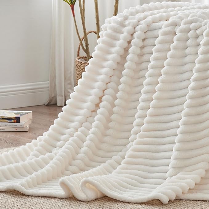 BEDELITE Full Size Blanket for Bed, 300GSM Soft & Warm Fleece Cream White Blanket, Decorative and Giftable Striped Blankets for Women, Men, 84"x90"