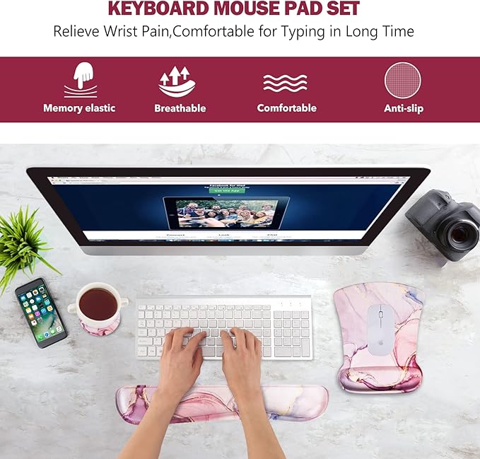 AIMSA Ergonomic Keyboard Wrist Rest and Mouse Pad with Wrist Support Set, Memory Foam Non-Slip Rubber Base, for Home, Office, Easy Typing, Pain Relief, Pink Purple Marble