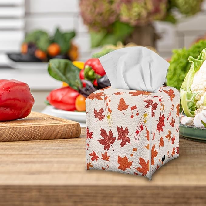 Maple Leaf Tissue Box Cover Square PU Leather Tissue Box Holder Facial Paper Boxes Case for Tabletop Night Stands Bathroom Office Thanksgiving Modern Decorative Cube Napkin Case