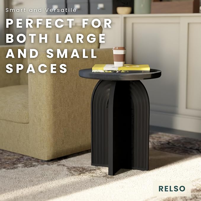 Relso Charon End Table - Round Black Mango Wood Side Table for Bedroom, Living Room | Small Nightstand, Versatile Bedside Table, Coffee Table | Modern Home Decor, Easy Assembly, Sturdy Accent Table