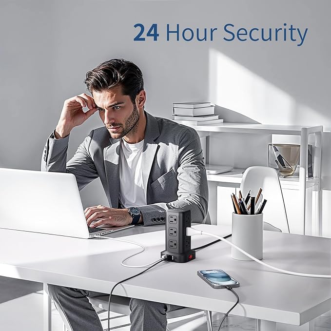 Surge Protector Power Strip 6.5 FT Cord, Power Strip Tower with 4 USB Ports (1USB C), Extension Cord with 12 AC Multiple Outlets, Home Office Supplies Desk Accessories, Dorm Room Essentials