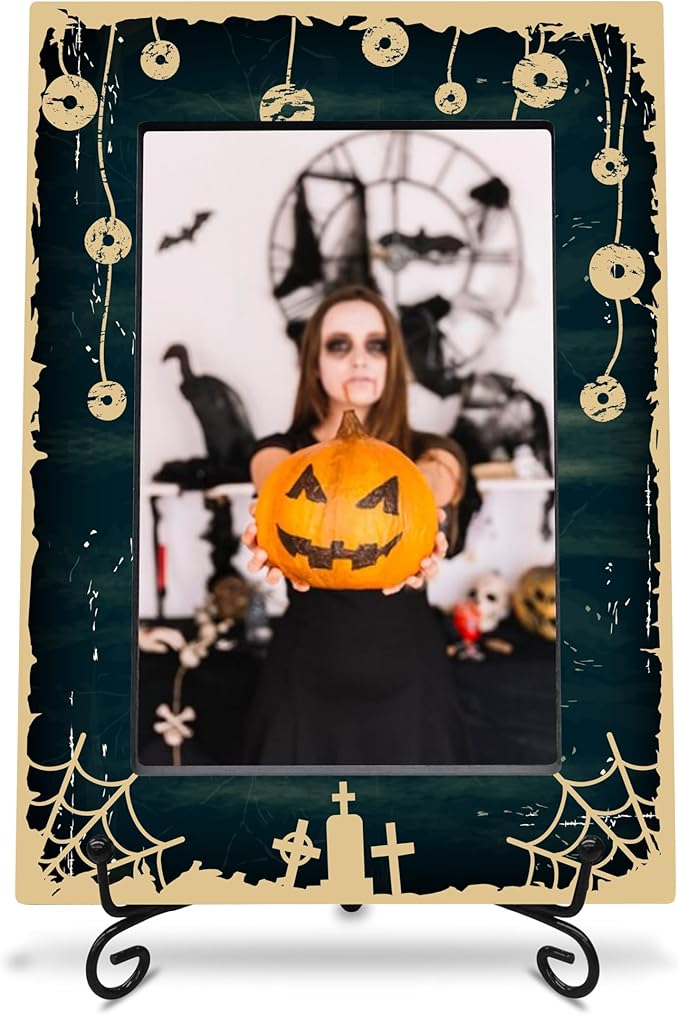 4X6" Halloween Picture Frame With A Metal Stand-Dark Style,Gifts for Kids Friends Family, Spider Web Wooden Photo Frame For Tabletop Display,Black Print,Halloween Decoration,Halloween Theme-A25