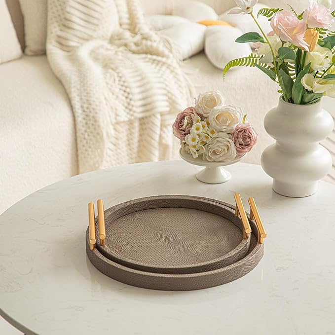 2 Piece Coffee Brown Round Serving Tray with Handles, Woven-Texture Faux Leather Ottoman Tray for Living Room, Decorative Tray for Coffee Table Home Decor