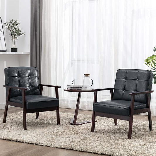 Okeysen Accent Chairs Set of 2, Mid Century Modern Accent Chair, Retro Wood and Leather Armchairs Side Chair, Lounge Reading Comfy Arm Chair for Living Room, Bedroom, Office