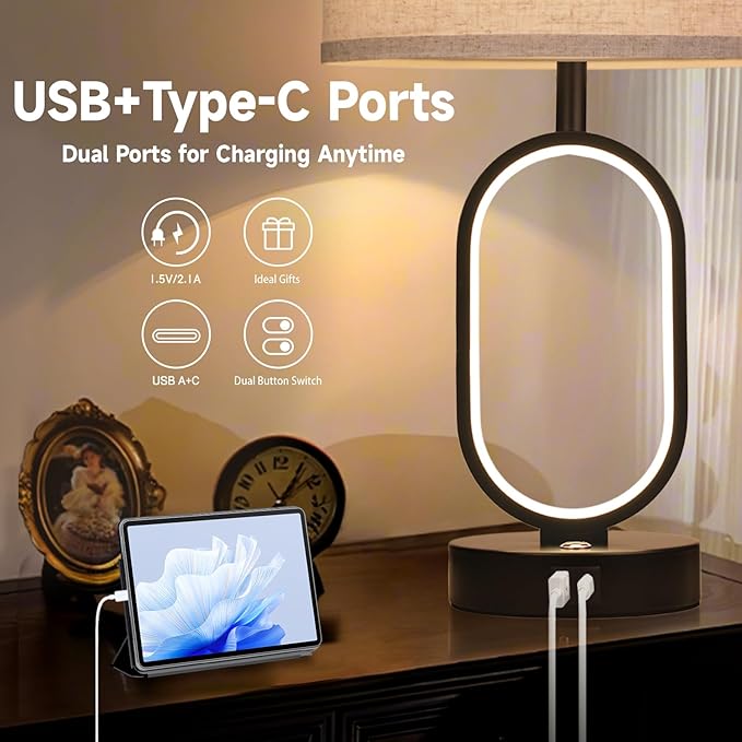 Farmhouse Table Lamps Set of 2, Built-in Dimmable Night Light Bedside Lamps, Table Lamps for Night Stands with USB Charging Ports, Bedroom Lamps for Nightstand, LED Bulbs Included
