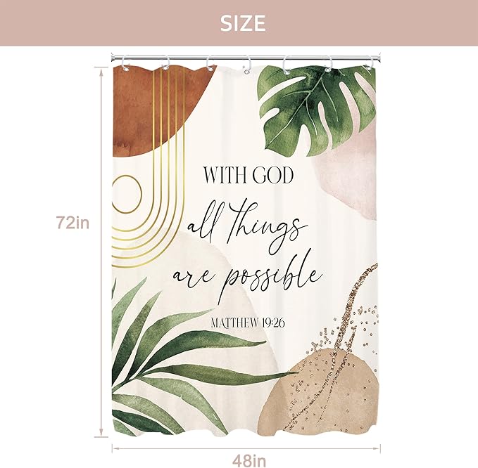 Glawry Boho Bible Verse Small Shower Curtain Stall RV Narrow Inspirational Scriptures Quotes Palm Leaf Abstract Bathroom Mid Century 48Wx72L Inches Bath Accessories Art Home Decor Fabric 8 Pack Hook