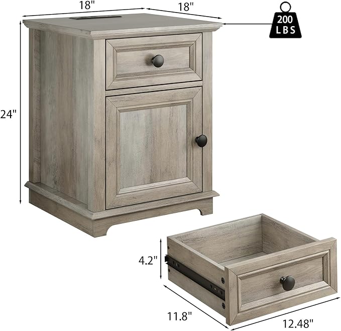 End Table with Charging Station, 18" Side Table with Drawer, Bedside Table Living Room, 24" Tall Nightstand with Drawer for Bedroom, Light Grey.