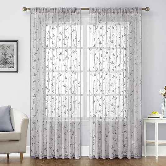 HOMEIDEAS Light Grey Sheer Curtains 52 X 84 Inches Length 2 Panels Embroidered Vine Floral Pattern Pocket Faux Linen Semi Sheer Voile Window Drapes for Bedroom Living Room