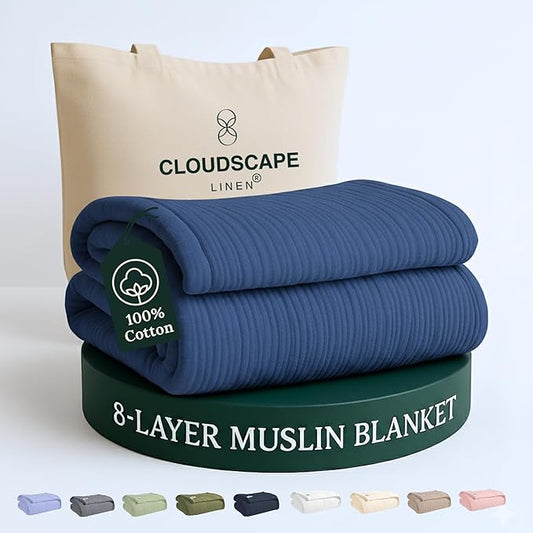 Cloud Scape Linen 100% 8-Layer Cotton Muslin Blanket Queen Size,Lightweight All Season Blanket for Bed, Oversized Cotton Blankets, fits Full Size Bed, 92x92, Ensign Blue