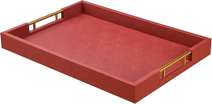 14x20 Inches Brown Faux Leather Wrapped Wood Serving Tray with Metal Handles for Various Occasions, Ottoman, Home Decor Decorative, Living Room, Coffee Table Organizer, Serving Breakfast On Bed