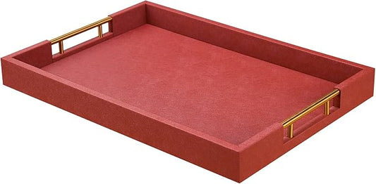 14x20 Inches Brown Faux Leather Wrapped Wood Serving Tray with Metal Handles for Various Occasions, Ottoman, Home Decor Decorative, Living Room, Coffee Table Organizer, Serving Breakfast On Bed