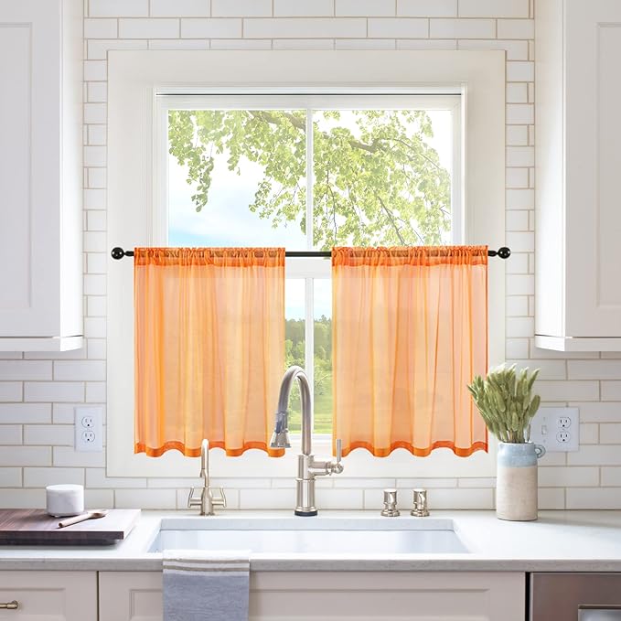 MIULEE Short Sheer Curtains 30 Inch Length for Kitchen Bathroom Cafe Half Window Treatment, Rod Pocket Tier Fall Curtains 2 Panels, 29x30 Inches Long, Orange