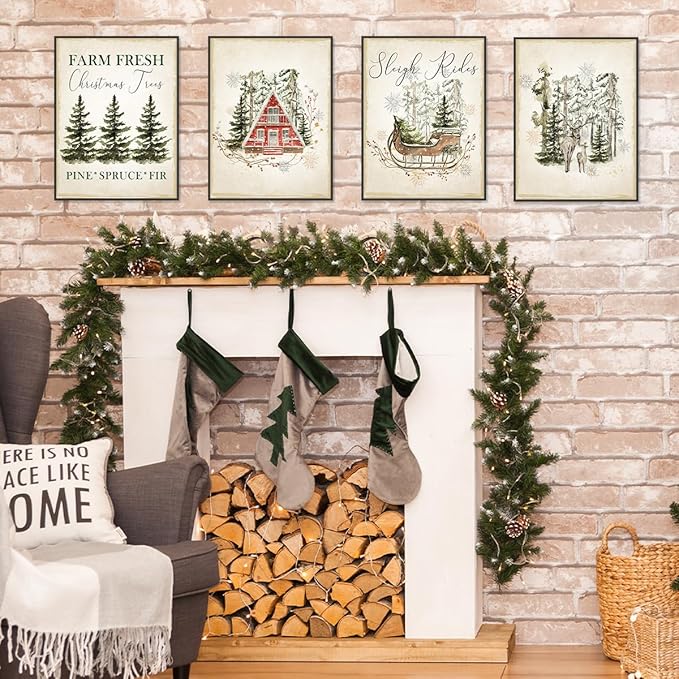 ETVISO Vintage Christmas Wall Art Prints Set of 4, Retro Christmas Trees Poster, Winter Holidays Gift Print Decor for Gallery, Living Room, Bathroom, 12x16 (Unframed)