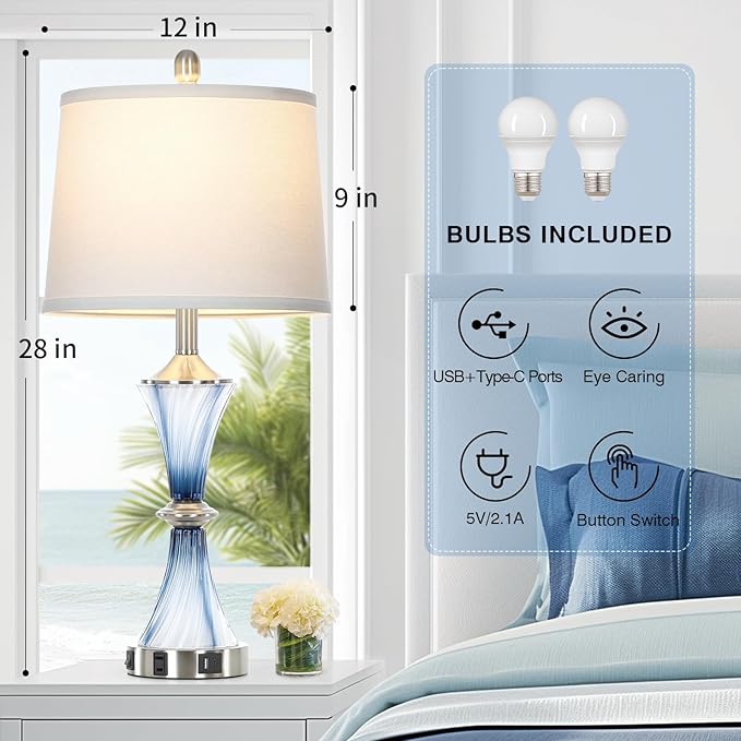 Blue Glass Table Lamp Set of 2 with USB C+A Ports & AC Outlet, Bedside Lamp, Modern Bedroom Lamps, Coastal Lamp for Night Stands Bedroom Living Room,Nightstand Lamp LED Bulbs Included