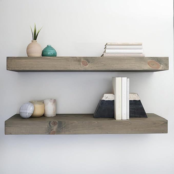 Urbandi Modern Floating Shelves 3 Inches Thick for Wall, Wide Shelves for Kitchen, Living Room, Bedroom, and Bathroom, Natural Pine Wood, Rustic Wooden Shelf, (Set of 2) (Aged Barrel, 36Lx3Hx8D)
