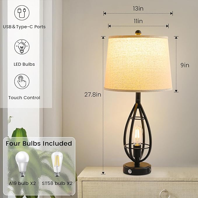 27.8" Farmhouse Table Lamps for Living Room Set of 2，Black Lamps for Night Stands with USB A+C，Dimmable Touch Industrial Bedside Lamps，Rustic Lamp for Bedroom End Tables