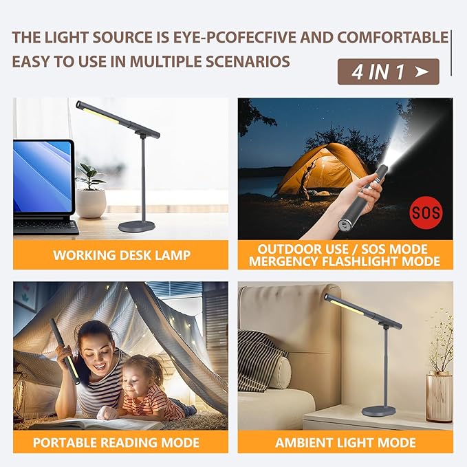 LED Desk Lamp with USB Ports. Eye-Caring 3 Color Temperature Stepless Dimming Night Light for Reading, Workbench. 4-in-1 Multi-Function Magnetic Detachable Desk Lamp with SOS Mode for Outdoor Camping.