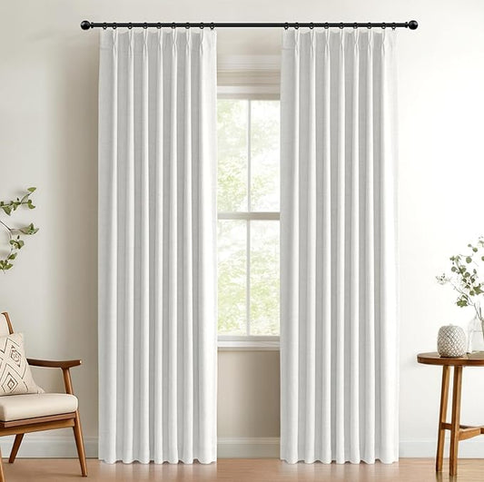 100% Blackout Shield Linen Look Textured Pinch Pleated Curtains Blackout Drapes 108 Inch Long 2 Panels Set, Faux Linen Blackout Curtains for Bedroom & Living Room, 40" W x 108" L, Bright White