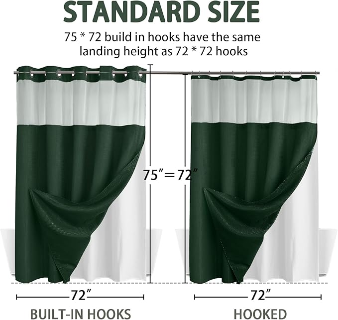 YellyHommy No Hook Shower Curtain with Snap in Liner Set Less Time Dark Green Waffle Shower Curtain for Bathroom 75" L x 72" W