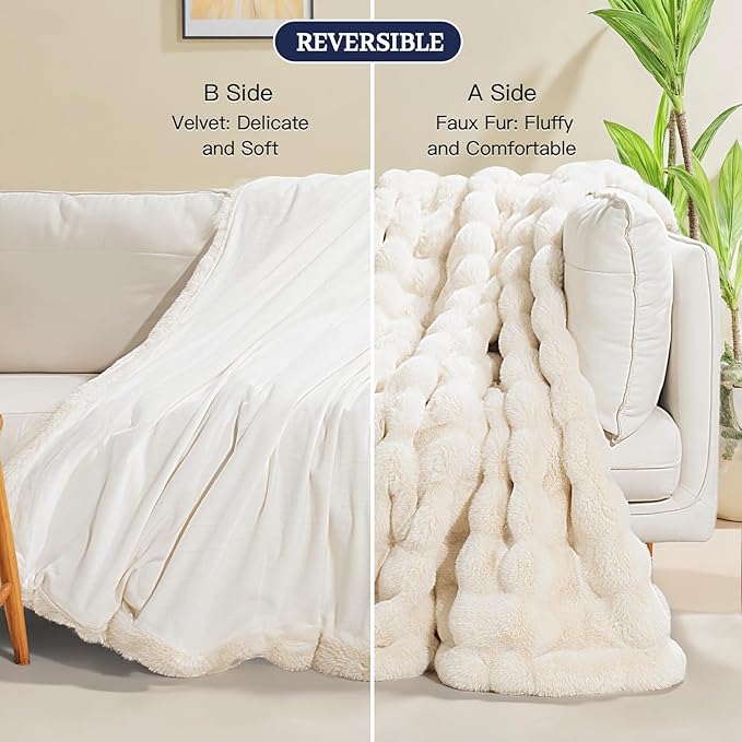 NEXHOME PRO Faux Fur Twin Blanket, Ultra Soft Cozy Warm Fuzzy Fluffy Plush Reversible Blanket for Couch, Sofa, Bed, Home Decor Gift, Beige 6080