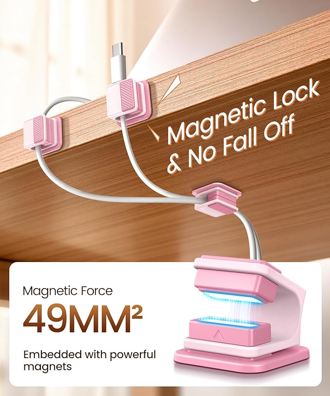 6 Pack Magnetic Cable Clips, Glow in The Dark Cable Holders, GolbinBox Cord Organizer with Shockproof Silicone, Fits up to 8mm Adhesive Cord Clips for Desk, Wall, Nightstand, Car, Home, Office, Pink
