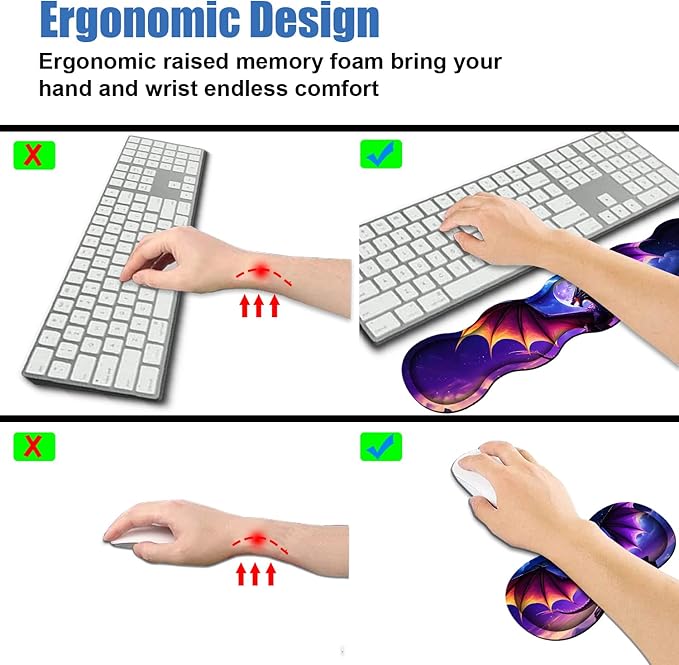 4 in 1 Ergonomic Memory Foam Mouse Pad Wrist Rest Set, Large XXL Gaming Desk Pad + Keyboard Wrist Rest + Mouse Wrist Cushion + Coaster for Home Office Study Gaming, Dragon